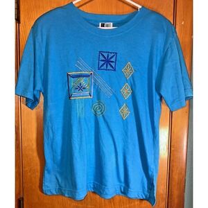 Vintage 90s Bold Spirit Blue Embroidered Geometric Graphic T Shirt Medium